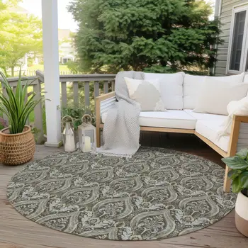 8' Round Taupe and Beige Round Damask Washable Non Skid Indoor Outdoor Area Rug