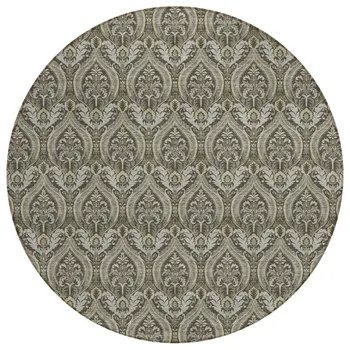 8' Round Taupe and Beige Round Damask Washable Non Skid Indoor Outdoor Area Rug