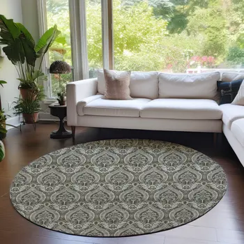 8' Round Taupe and Beige Round Damask Washable Non Skid Indoor Outdoor Area Rug