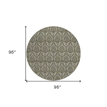 8' Round Taupe and Beige Round Damask Washable Non Skid Indoor Outdoor Area Rug