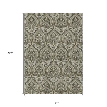 8' X 10' Taupe and Beige Damask Washable Non Skid Indoor Outdoor Area Rug