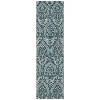 8' Runner Teal Damask Washable Non Skid Indoor Outdoor Runner Rug