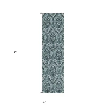 8' Runner Teal Damask Washable Non Skid Indoor Outdoor Runner Rug