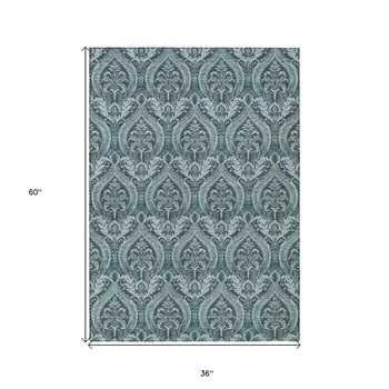3' X 5' Teal Damask Washable Non Skid Indoor Outdoor Area Rug