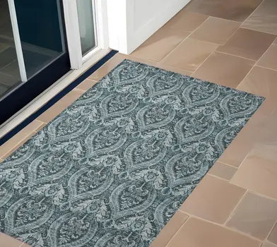 3' X 5' Teal Damask Washable Non Skid Indoor Outdoor Area Rug