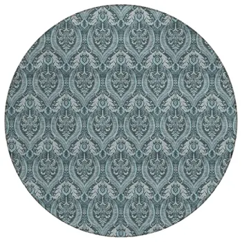 8' Round Teal Round Damask Washable Non Skid Indoor Outdoor Area Rug