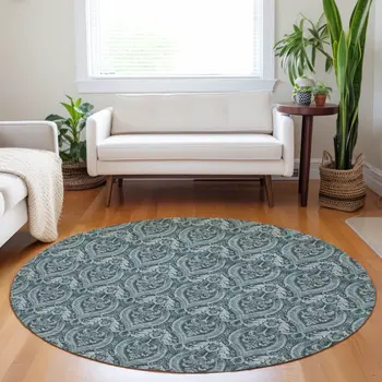 8' Round Teal Round Damask Washable Non Skid Indoor Outdoor Area Rug