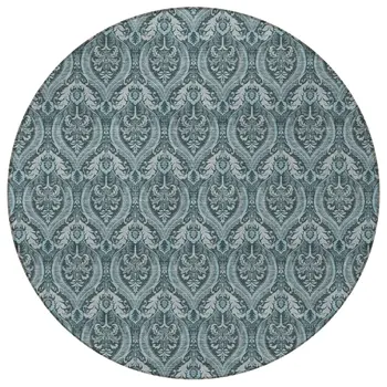 8' Round Teal Round Damask Washable Non Skid Indoor Outdoor Area Rug
