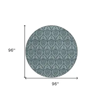 8' Round Teal Round Damask Washable Non Skid Indoor Outdoor Area Rug