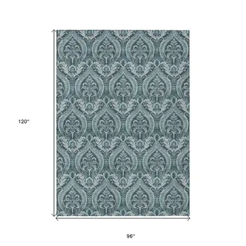 8' X 10' Teal Damask Washable Non Skid Indoor Outdoor Area Rug