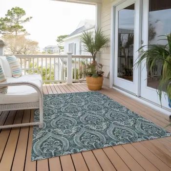 9' X 12' Teal Damask Washable Non Skid Indoor Outdoor Area Rug