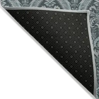 9' X 12' Teal Damask Washable Non Skid Indoor Outdoor Area Rug