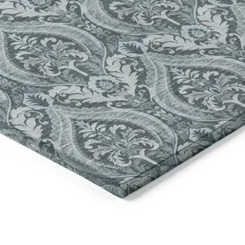 9' X 12' Teal Damask Washable Non Skid Indoor Outdoor Area Rug