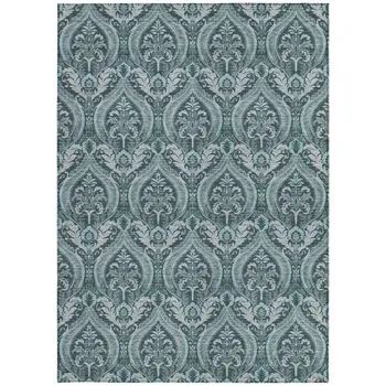 9' X 12' Teal Damask Washable Non Skid Indoor Outdoor Area Rug