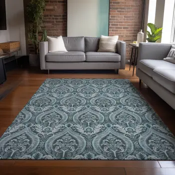 9' X 12' Teal Damask Washable Non Skid Indoor Outdoor Area Rug