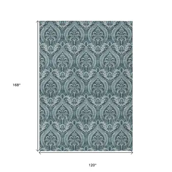 10' X 14' Teal Damask Washable Non Skid Indoor Outdoor Area Rug