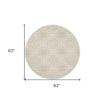 5' Beige and Ivory Floral Non Skid Round Rug
