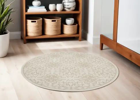 5' Beige and Ivory Floral Non Skid Round Rug