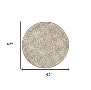 5' Taupe and Ivory Floral Non Skid Round Rug