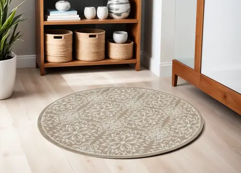5' Taupe and Ivory Floral Non Skid Round Rug