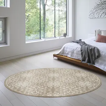 5' Taupe and Ivory Floral Non Skid Round Rug
