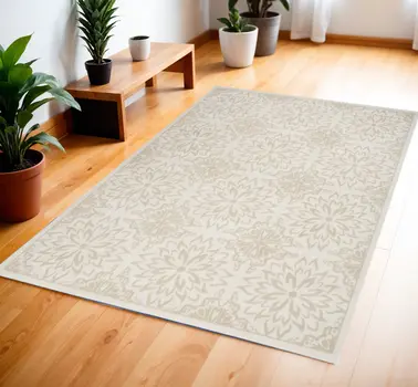 4' X 6' Beige and Ivory Floral Non Skid Area Rug