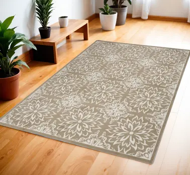 4' X 6' Taupe and Ivory Floral Non Skid Area Rug