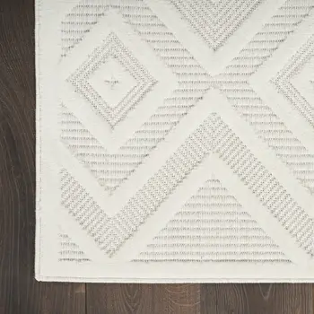 8' Ivory And White Geometric Indoor Outdoor Runner Rug