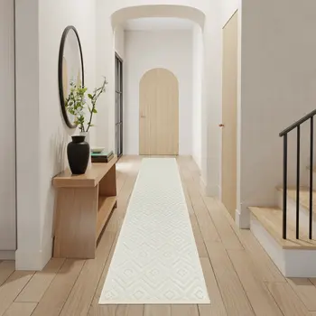 8' Ivory And White Geometric Indoor Outdoor Runner Rug