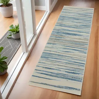 6' Ivory Blue and Gray Striped Non Skid Runner Rug