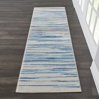 6' Ivory Blue and Gray Striped Non Skid Runner Rug