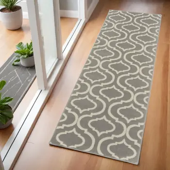 6' Gray and Ivory Trellis Non Skid Runner Rug