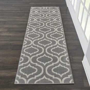 6' Gray and Ivory Trellis Non Skid Runner Rug