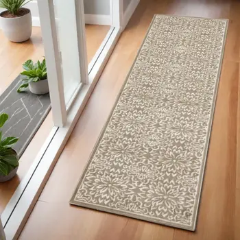 6' Taupe and Ivory Floral Non Skid Runner Rug