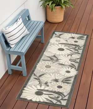 6' Beige And Gray Floral Indoor Outdoor Runner Rug