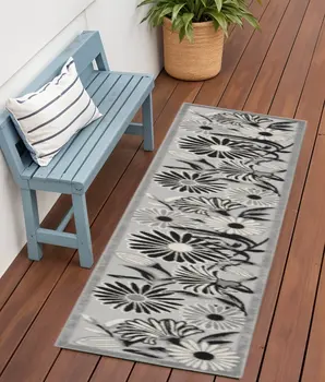 6' Black And White Floral Indoor Outdoor Runner Rug