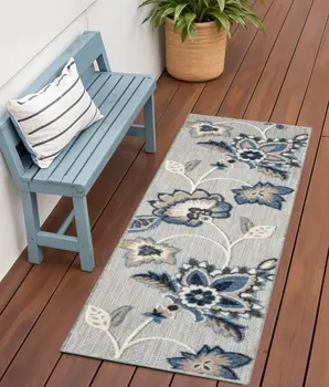 6' Blue And Gray Floral Indoor Outdoor Runner Rug