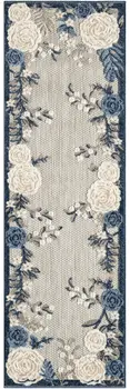 6' Blue And Gray Floral Indoor Outdoor Runner Rug