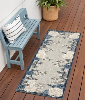 6' Blue And Gray Floral Indoor Outdoor Runner Rug