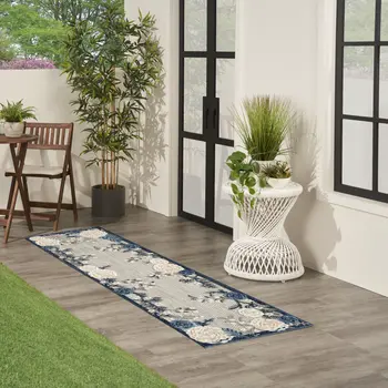6' Blue And Gray Floral Indoor Outdoor Runner Rug