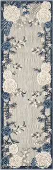 6' Blue And Gray Floral Indoor Outdoor Runner Rug