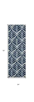 6' Blue And Gray Botanical Leaves Indoor Outdoor Runner Rug