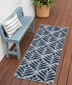 6' Blue And Gray Botanical Leaves Indoor Outdoor Runner Rug
