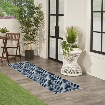 6' Blue And Gray Botanical Leaves Indoor Outdoor Runner Rug