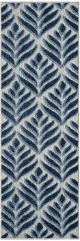 6' Blue And Gray Botanical Leaves Indoor Outdoor Runner Rug