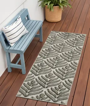 6' Charcoal And Beige Botanical Leaves Indoor Outdoor Runner Rug