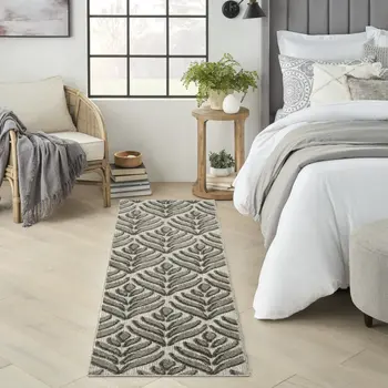 6' Charcoal And Beige Botanical Leaves Indoor Outdoor Runner Rug
