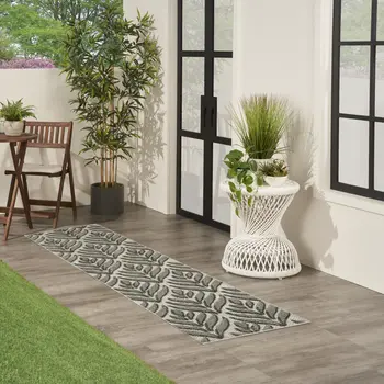 6' Charcoal And Beige Botanical Leaves Indoor Outdoor Runner Rug