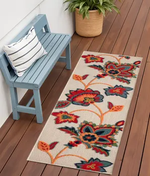 6' Red Beige Blue Orange And Red Floral Indoor Outdoor Runner Rug