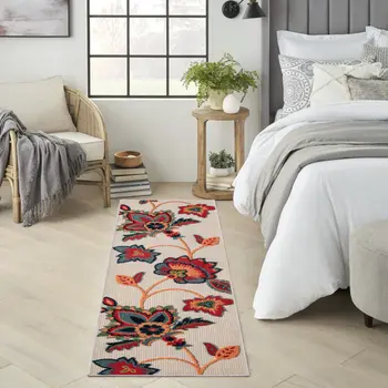6' Red Beige Blue Orange And Red Floral Indoor Outdoor Runner Rug